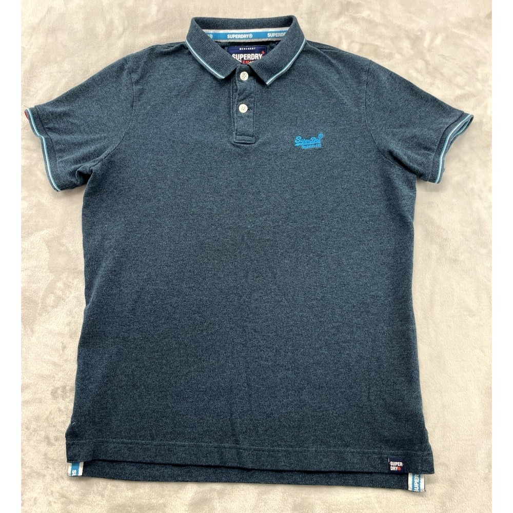 Superdry Poolside Pique Polo Shirt Men XL Heather Blue Slit Side High Low Preppy